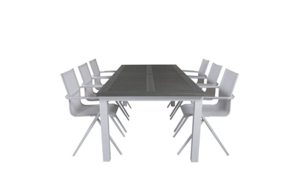 Albany havesæt bord 100x224/324cm og 6 stole Alina hvid, grå.