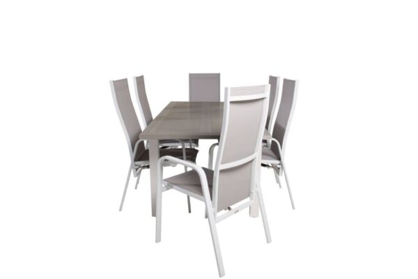 Albany havesæt bord 90x152/210cm og 6 stole Copacabana hvid, grå, gråhvid.