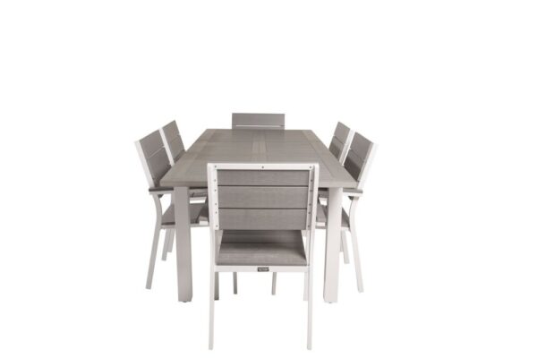 Albany havesæt bord 90x152/210cm og 6 stole Levels hvid, grå, gråhvid.