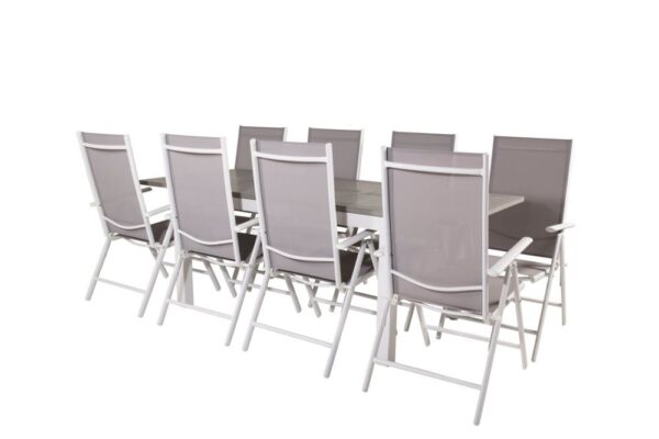Albany havesæt bord 90x160/240cm og 8 stole Break hvid, grå.