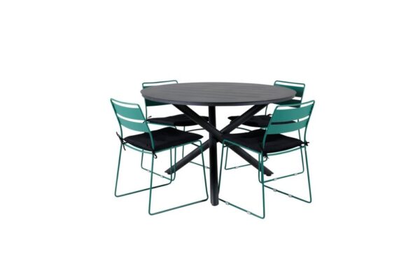 Alma havesæt bord Ø120cm og 4 stole Lina grøn, sort.