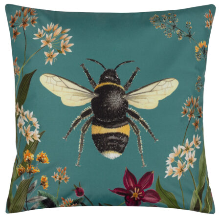 Midnight Garden Bee Outdoor Cushion Teal, Teal / 43 x 43cm / Polyester Filled