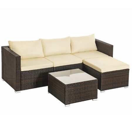 Havemøbelsæt med bord, sofa og skammel, brun-beige