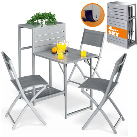 Havemøbelsæt, 1 bord med 3 stole, metal, foldbar, grå