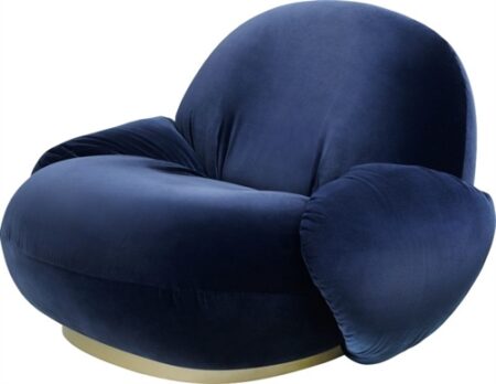 GUBI Pacha Lounge Chair w. Armrest SH: 35 cm - Velvet Blue/Pearl Gold Fixed Base
