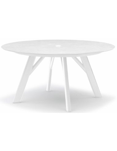 Hug rundt havebord i aluminium og glas Ø150 cm - Hvid/Hvidtet glas