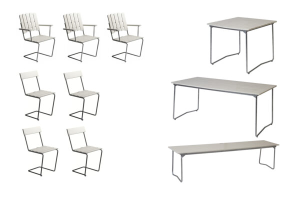B31 spisebordsæt Hvidlakeret ek/galvaniseret stål 3 lænestole, 4 stole, bænk 170 cm, bord 84 x 92 cm & bord 170 x 92 cm