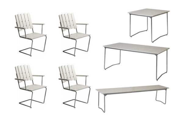 B31 spisebordsæt Hvidlakeret ek/galvaniseret stål 4 lænestole, bænk 170 cm, bord 84 x 92 cm & bord 190 x 92 cm