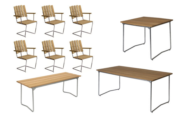 B31 spisebordsæt Oljert eik/galvaniseret stål 6 lænestole, bænk 110 cm, bord 84 x 92 cm & bord 170 x 92 cm