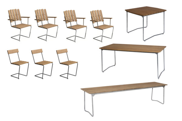 B31 spisebordsæt Teak/galvaniseret stål 4 lænestole, 3 stole, bænk 170 cm, bord 84 x 92 cm & bord 170 x 92 cm