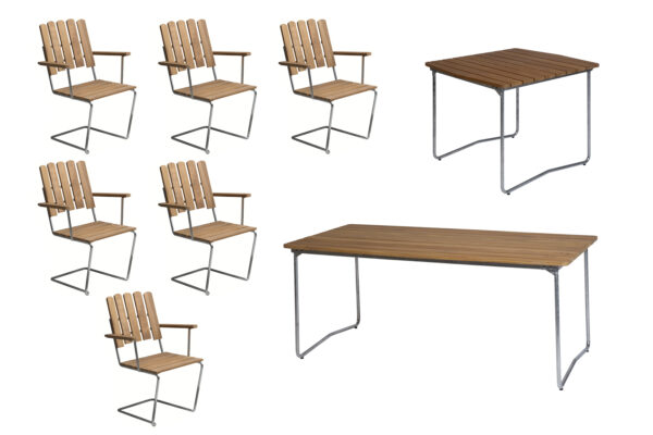 B31 spisebordsæt Teak/galvaniseret stål 6 lænestole, bord 84 x 92 cm & bord 170 x 92 cm