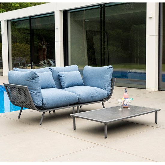 Beox Blue Fabric 2 Seater Sofa With Pebble Coffee Table In Grey