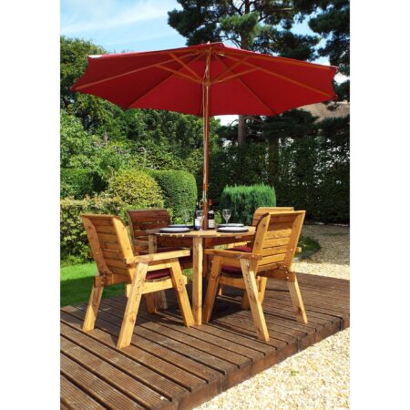 Charles Taylor 4 Seater Wooden Round Dining Set with Burgundy Seat Pads and Parasol Brown