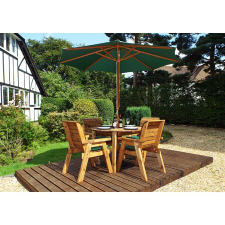 Charles Taylor 4 Seater Wooden Round Dining Set with Green Seat Pads and Parasol Brown