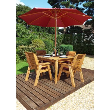 Charles Taylor 4 Seater Wooden Square Dining Set with Burgundy Seat Pads and Parasol Brown
