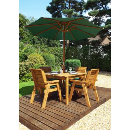 Charles Taylor 4 Seater Wooden Square Dining Set with Green Seat Pads and Parasol Brown
