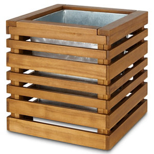 Denia Oiled wood brown Wooden Square Planter with Zinc plant pot 50cm