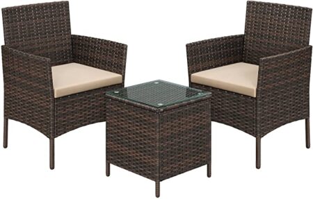 Havemøbelsæt, 2 stole og bord med glasplade, brun-taupe