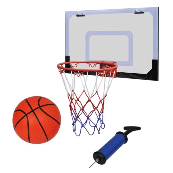 Innendørs basketballsett med kurv, ball og pumpe