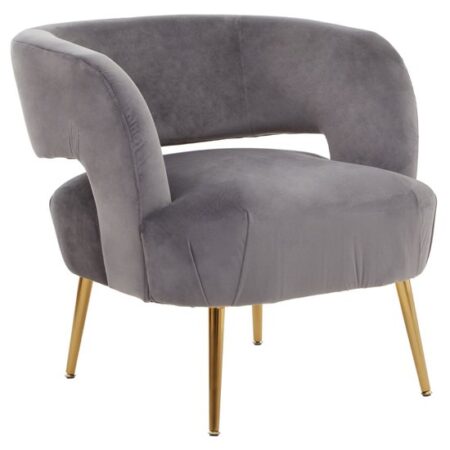 Larrisa Velvet Lounge Chair With Gold Metal Legs In Grey