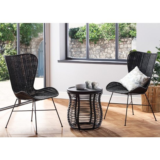 Rybnik Rattan Bistro Set In Black With 2 Puqi Black Wing Chairs