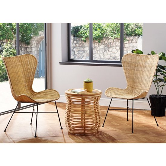 Rybnik Rattan Bistro Set In Natural With 2 Puqi Natural Wing Chairs