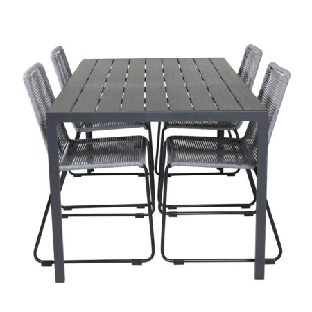 VENTURE DESIGN havesæt, m. Break bord (150x90) og 4 Lindos stole - sort aintwood/alu/grå reb