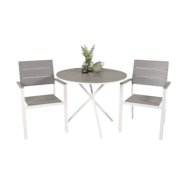 VENTURE DESIGN havesæt, m. Parma cafébord (Ø 90) og 2 Levels stole m. armlæn - hvid alu/grå aintwood